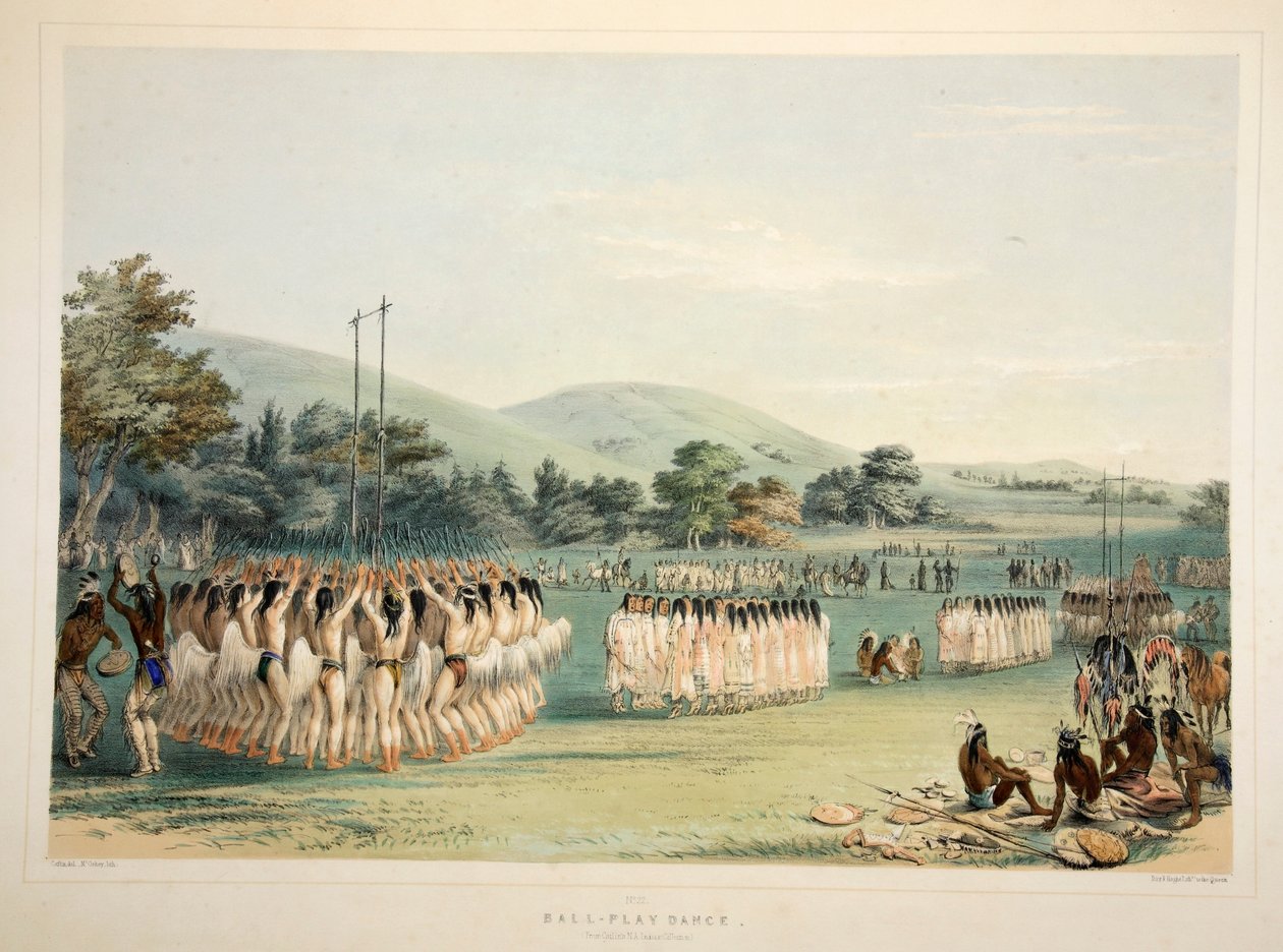 Taniec piłkarzy, wyd. 1845 kolorowa litografia. autorstwa George Catlin