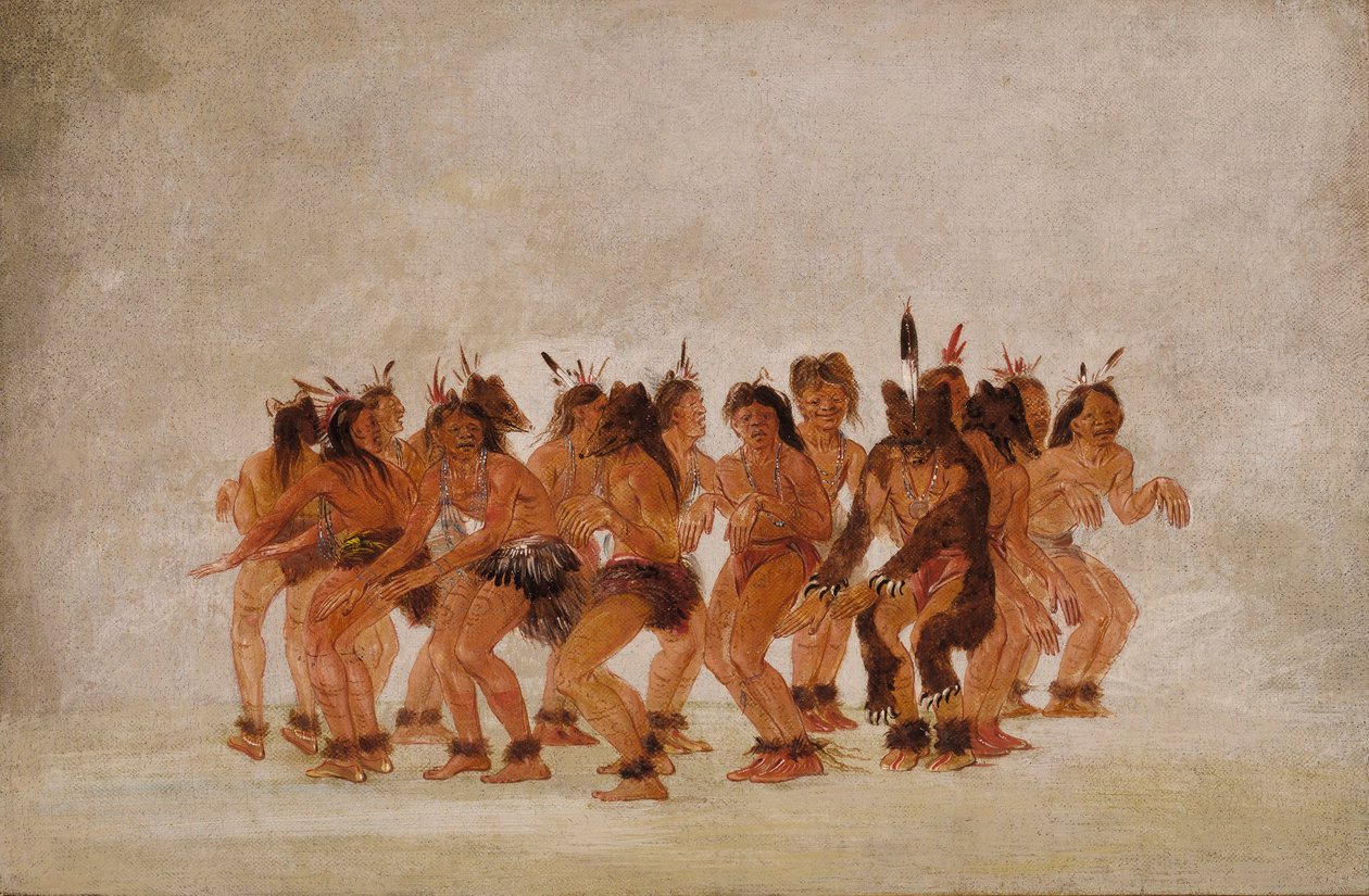 Taniec niedźwiedzia, przygotowanie do polowania na niedźwiedzia autorstwa George Catlin
