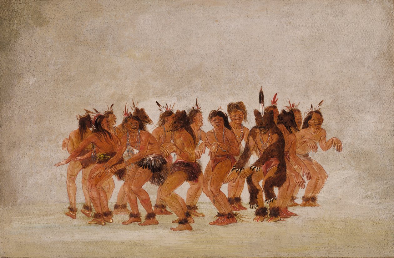 Taniec niedźwiedzia, przygotowania do polowania na niedźwiedzie, 1835-1837. autorstwa George Catlin