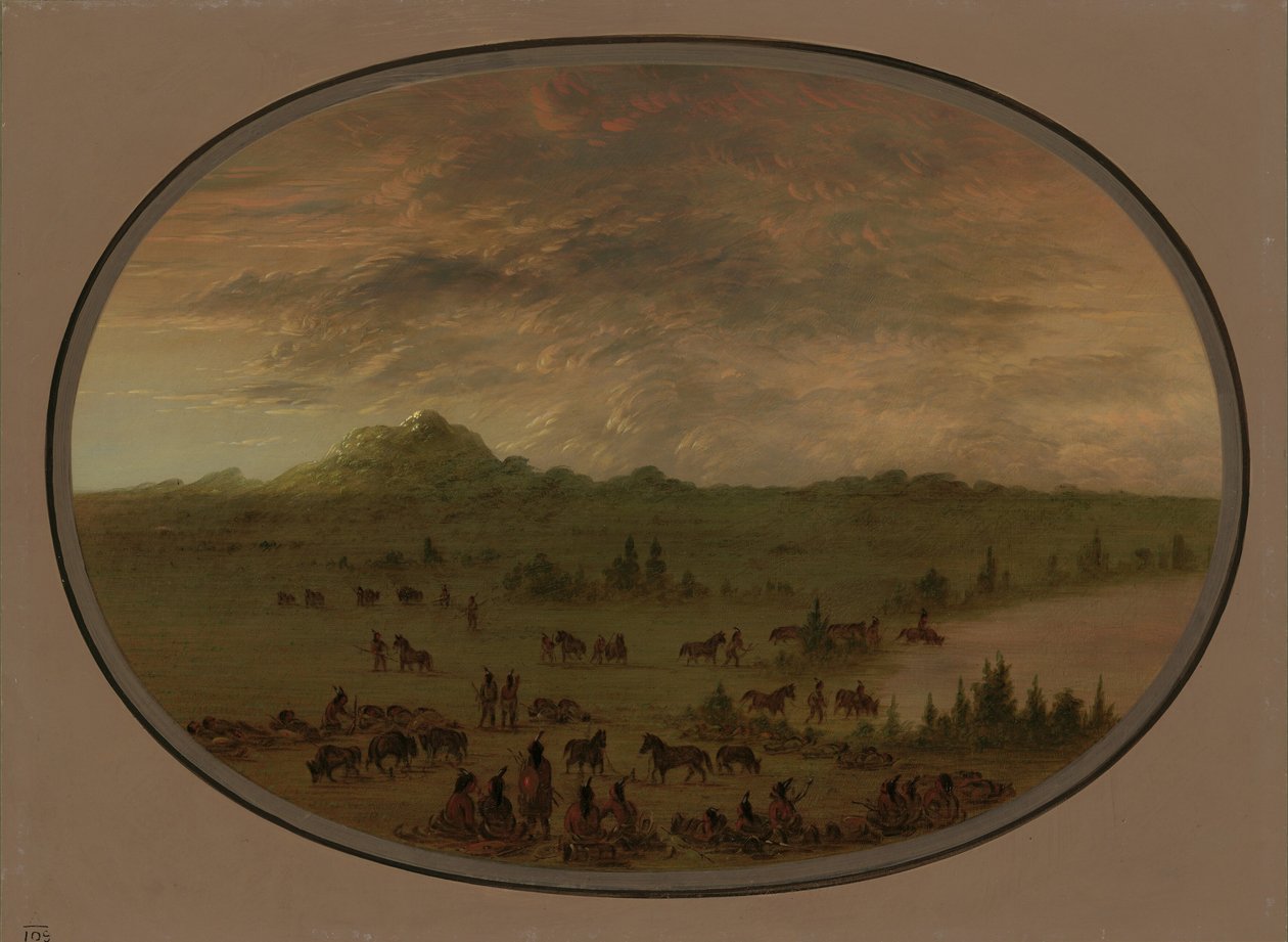 Biwak na imprezie wojennej Siuksów o wschodzie słońca, 18611869. autorstwa George Catlin