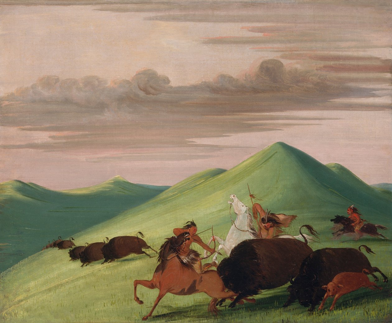 Pościg za bizonem, byk chroniący krowę i cielę autorstwa George Catlin