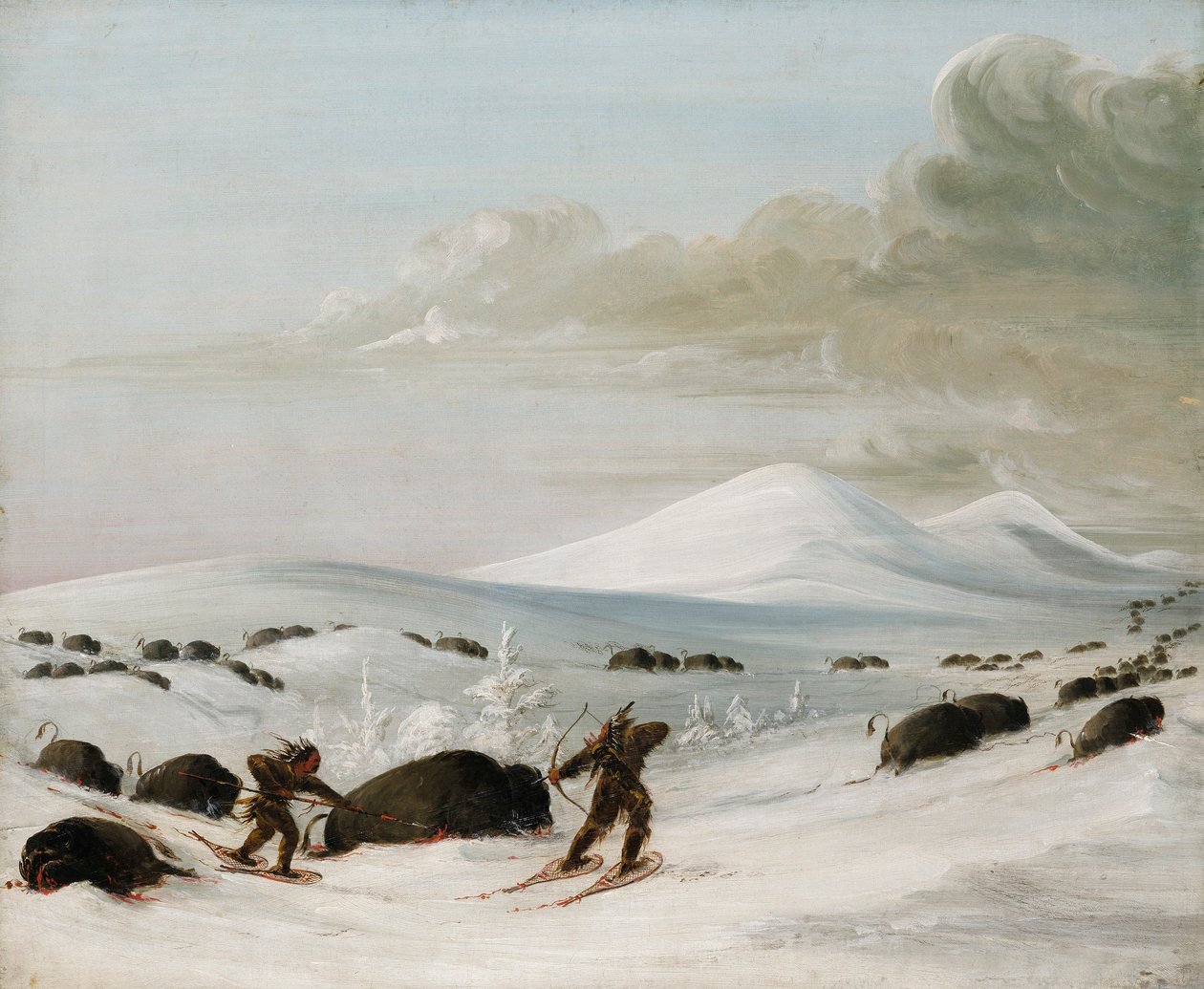 Pościg za bizonem w zaspach śnieżnych, Indianie na rakietach śnieżnych autorstwa George Catlin