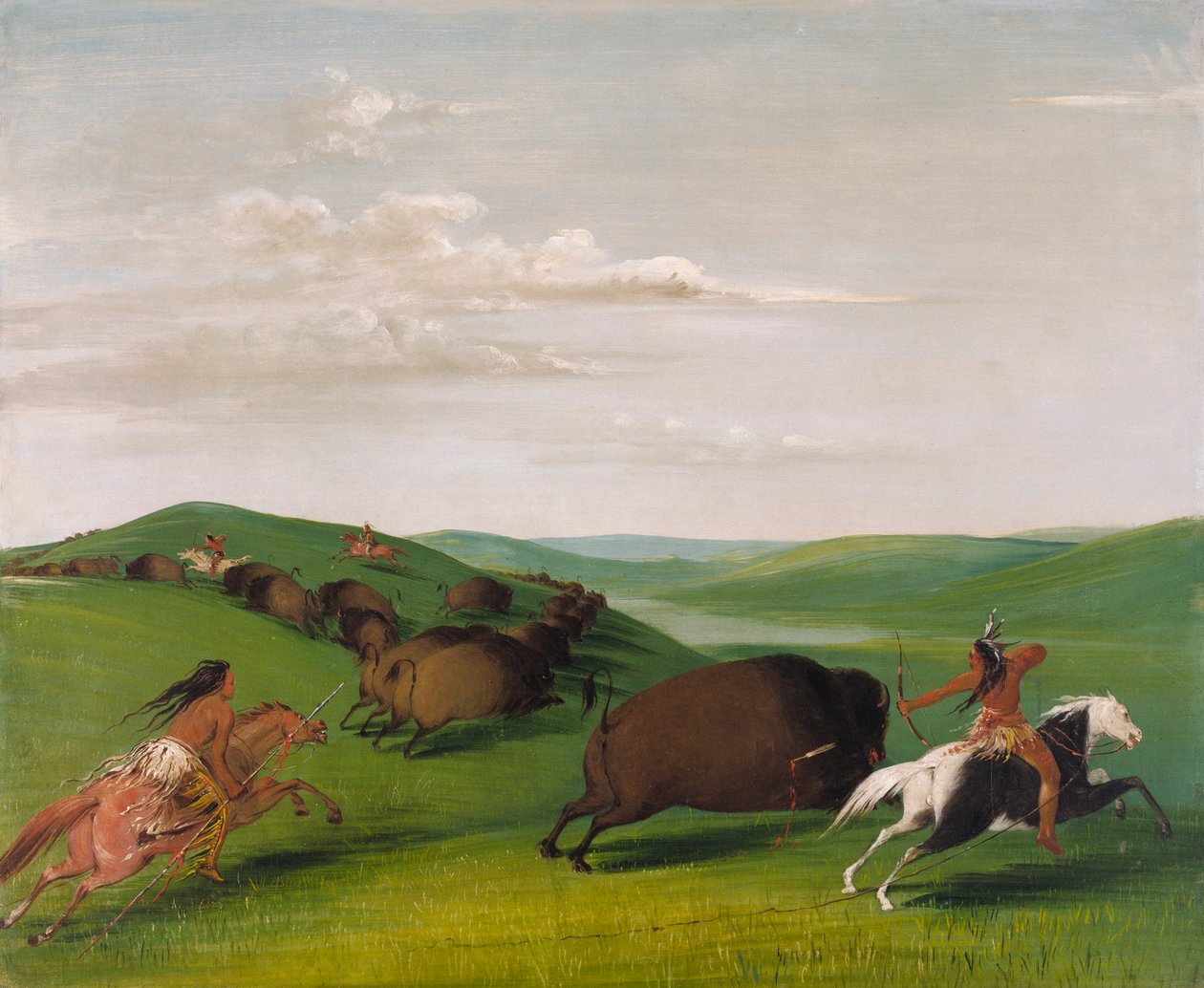 Pościg za bizonem z łukami i lancami autorstwa George Catlin