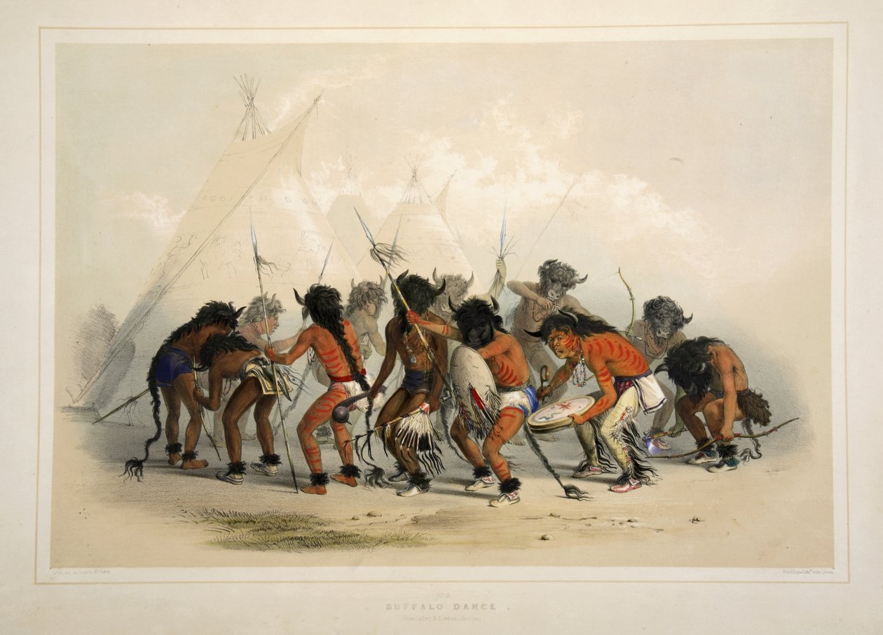 Taniec bawołów, z Catlins North American Indian Portfolio. Sceny myśliwskie i rozrywki Gór Skalistych i Prerii Ameryki, wyd. 1845 autorstwa George Catlin