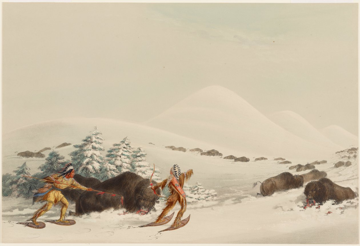 Polowanie na bizony na rakietach śnieżnych autorstwa George Catlin