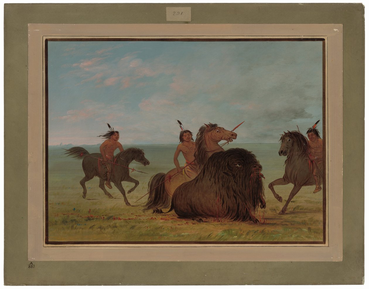 Camanchees Lancing a Buffalo Bull autorstwa George Catlin