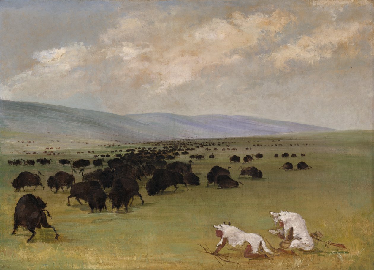 Catlin i jego indiański przewodnik zbliża się do bawoła pod skórą białego wilka, 1846-1848. autorstwa George Catlin