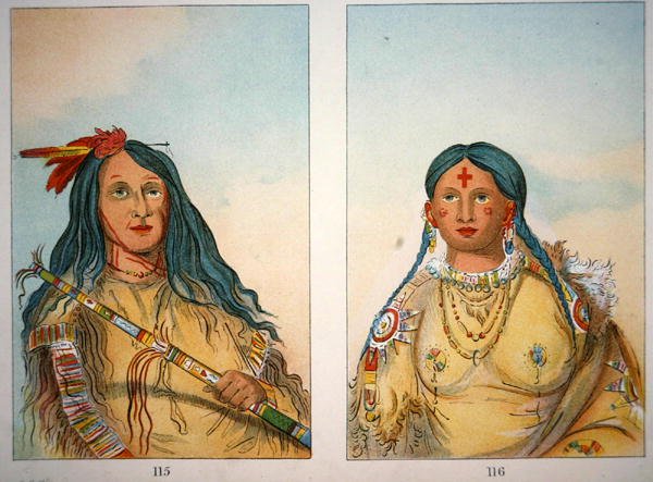 „Główny Wilk na Wzgórzu” i jego żona „Ta, która kąpała sobie kolana” autorstwa George Catlin