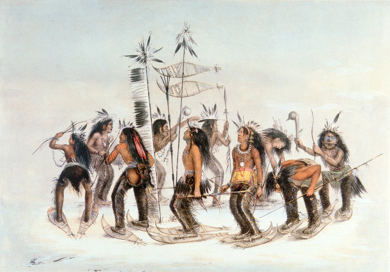 Chippewa Snowshoe Dance, ok.1835 (akwarela na papierze) autorstwa George Catlin