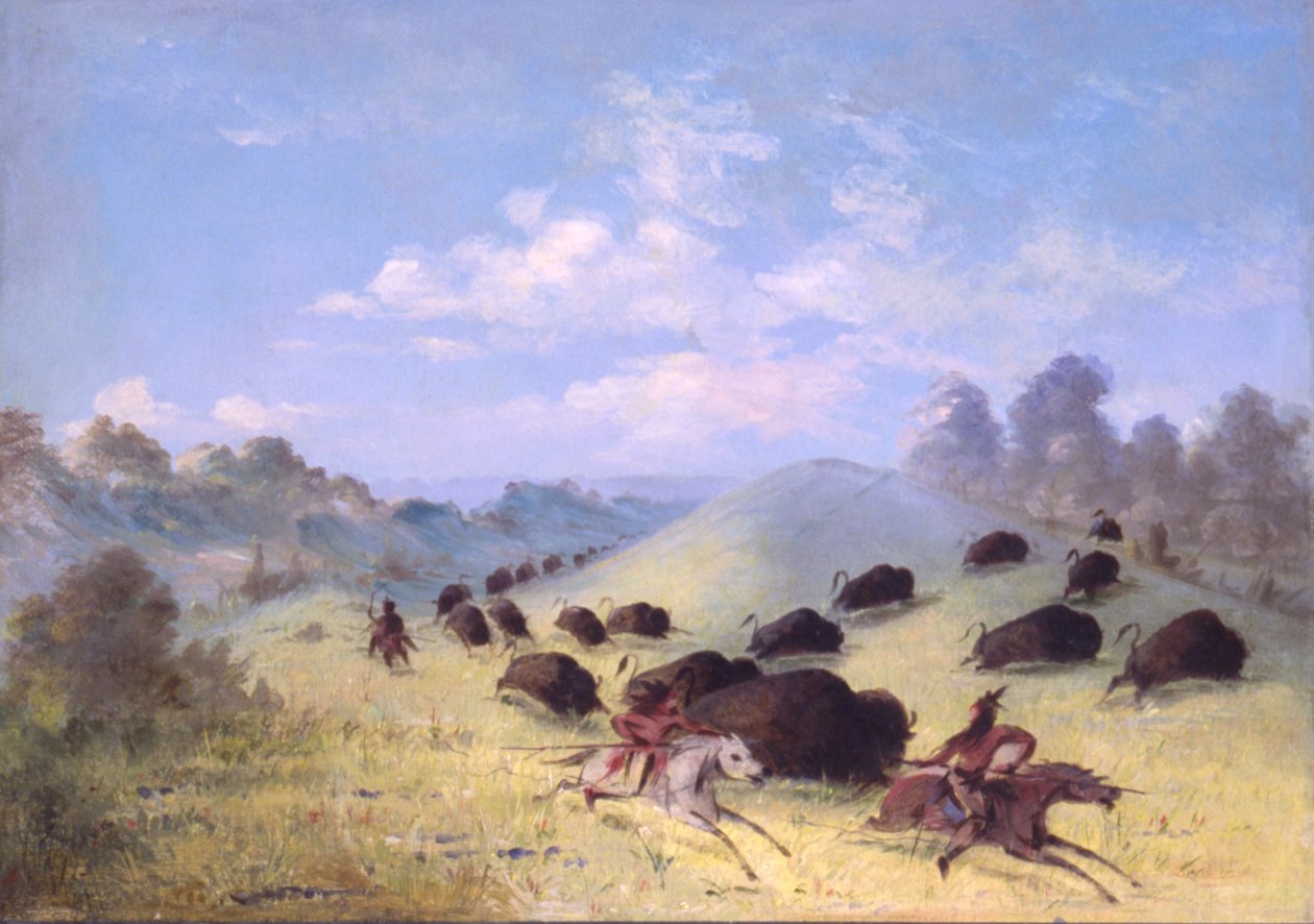 Indianie Komanczów goniący bawoły z lancami i łukami, 1846-1848. autorstwa George Catlin
