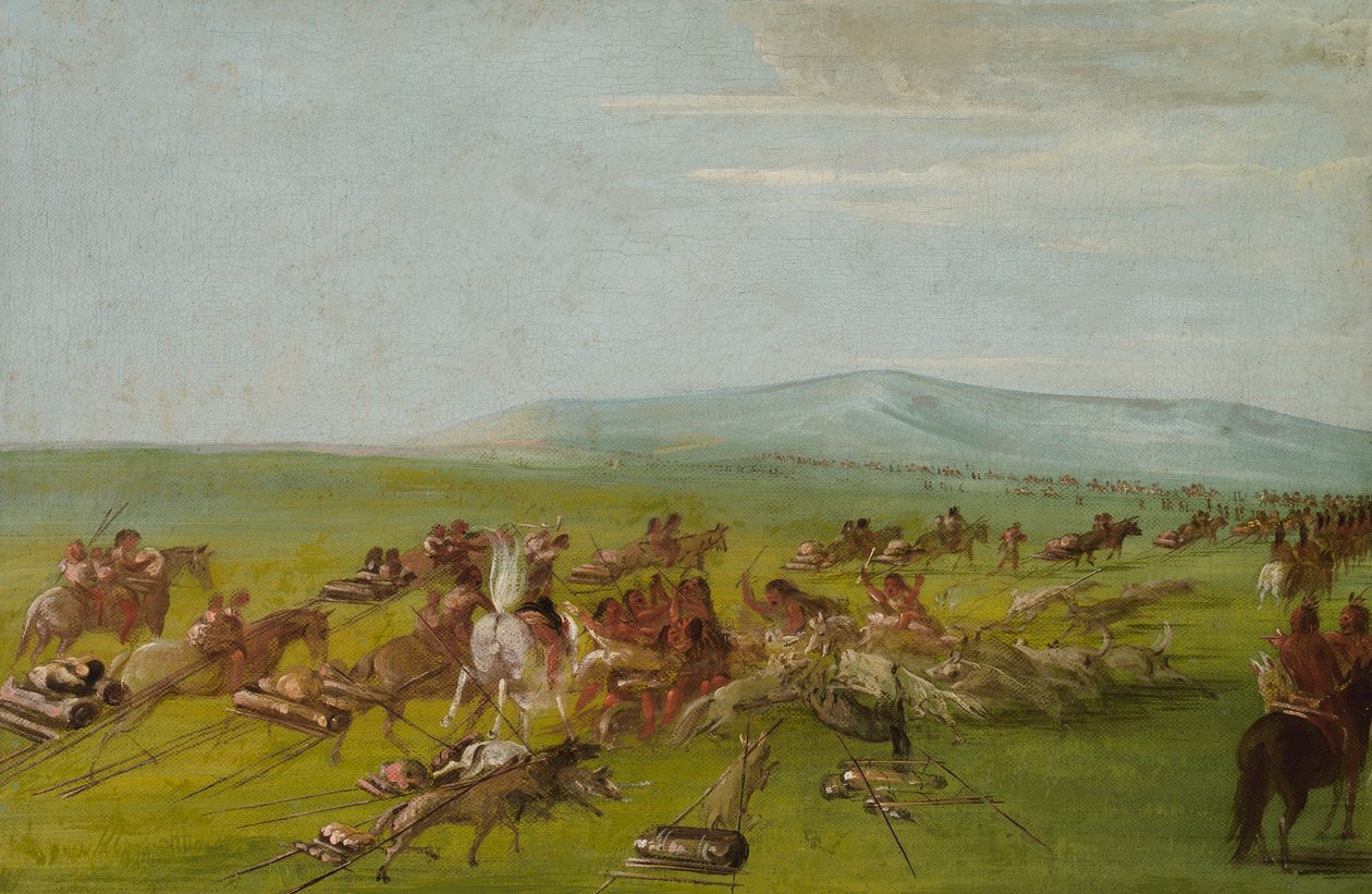 Komancze przenoszą obóz, walka psów w drodze autorstwa George Catlin