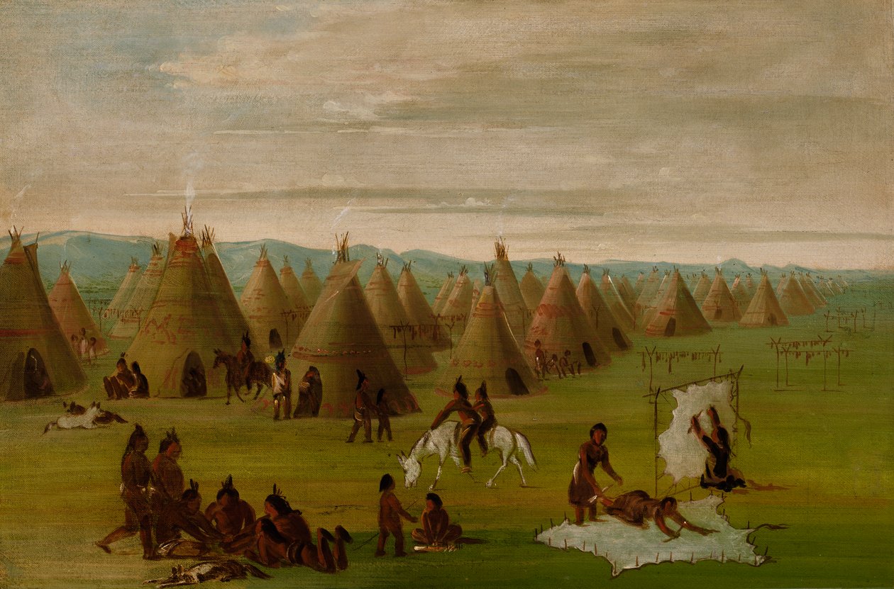 Wioska Komanczów, Kobiety ubierające szaty i suszące mięso, 1834-1835. autorstwa George Catlin