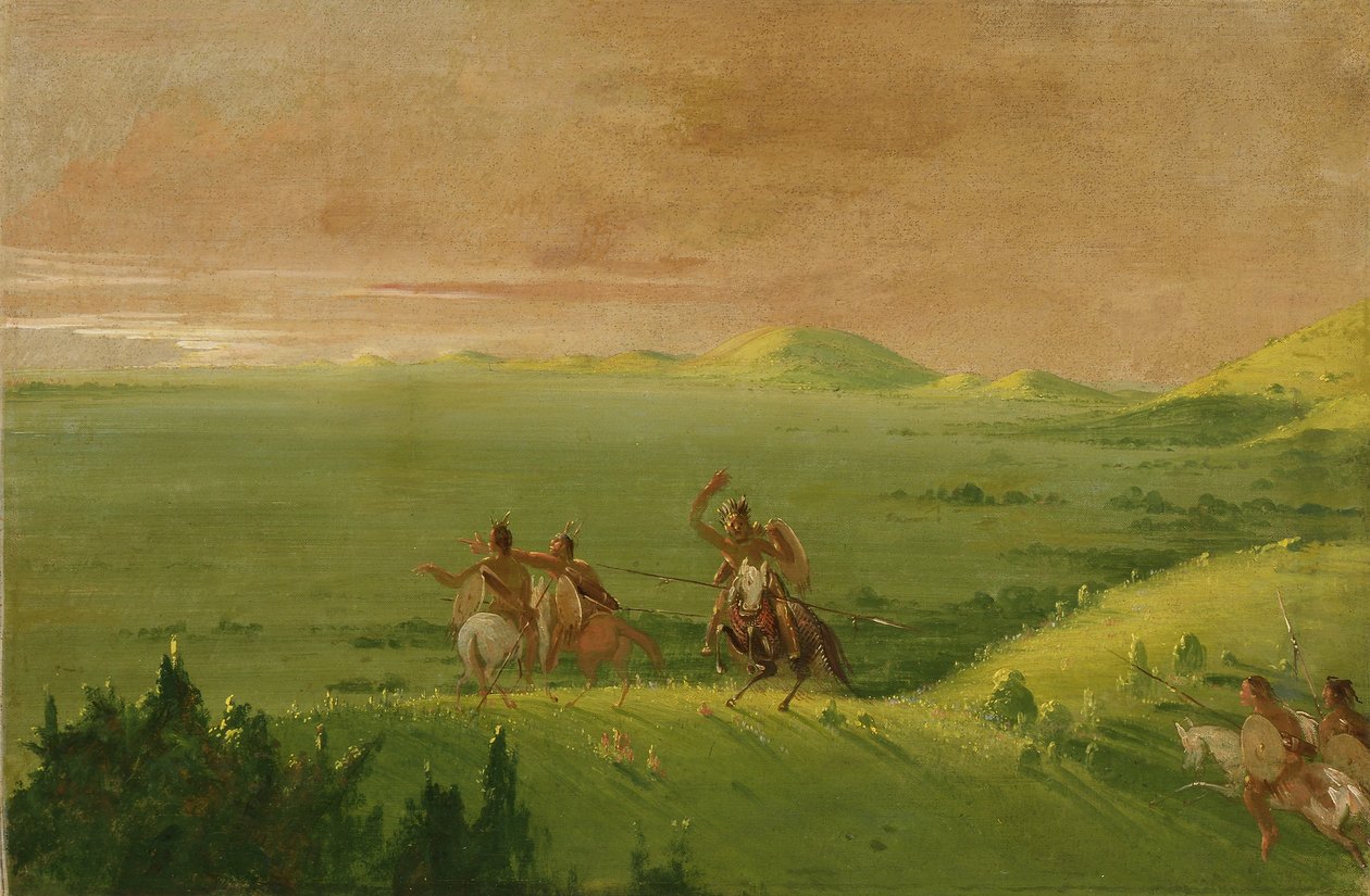 Wojna Komanczów, wódz odkrywa wroga i wzywa swoich ludzi o wschodzie słońca autorstwa George Catlin