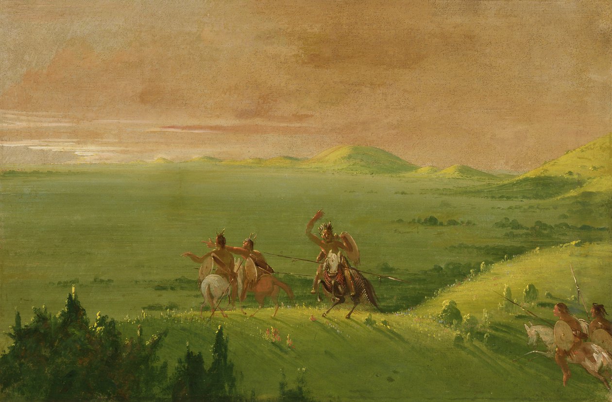 Partia Wojenna Komanczów, wódz odkrywający wroga i ponaglający swoich ludzi o wschodzie słońca, 1834-1835. autorstwa George Catlin