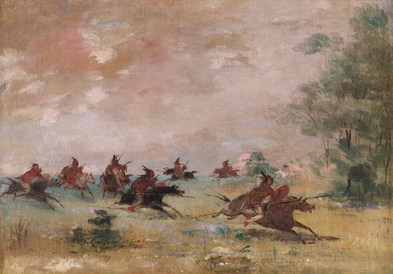 Partia wojenna Komanczów, dosiadająca dzikich koni autorstwa George Catlin