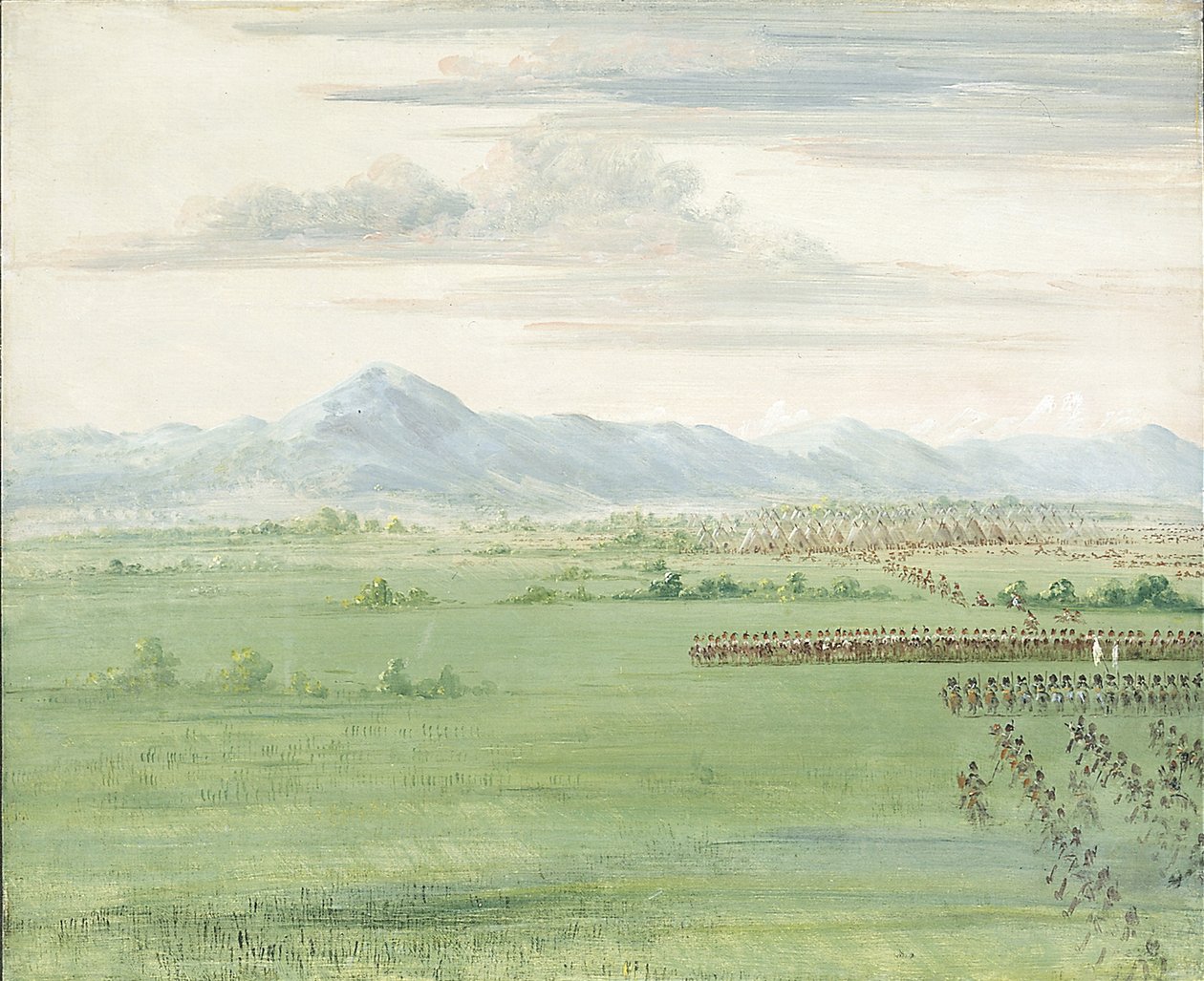 Wojownicy Komanczów z białą flagą przyjmujący dragonów autorstwa George Catlin