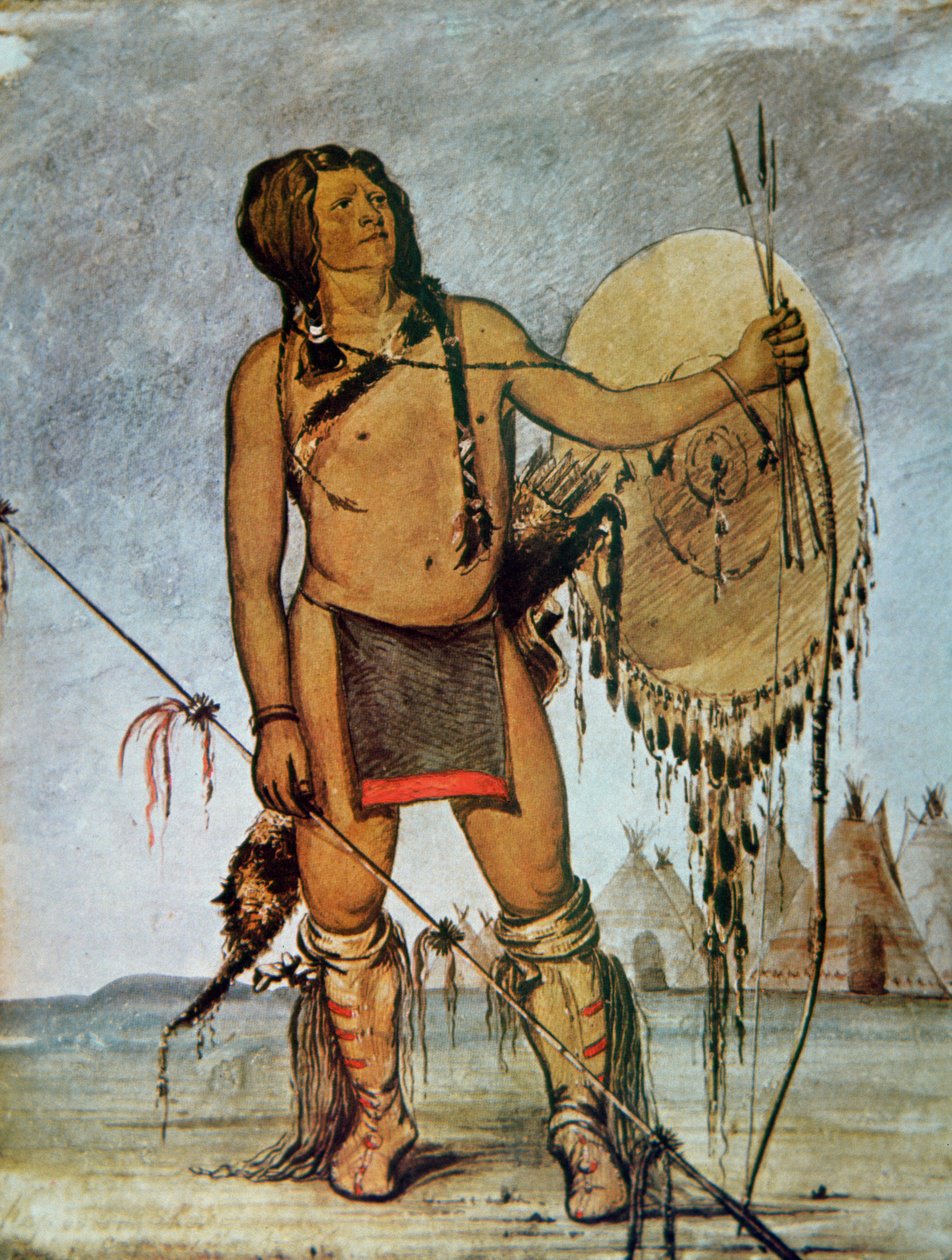 Wojownik Komanczów z tarczą, lancą, łukiem i strzałami, ok. 1835 (litografia barwna) autorstwa George Catlin