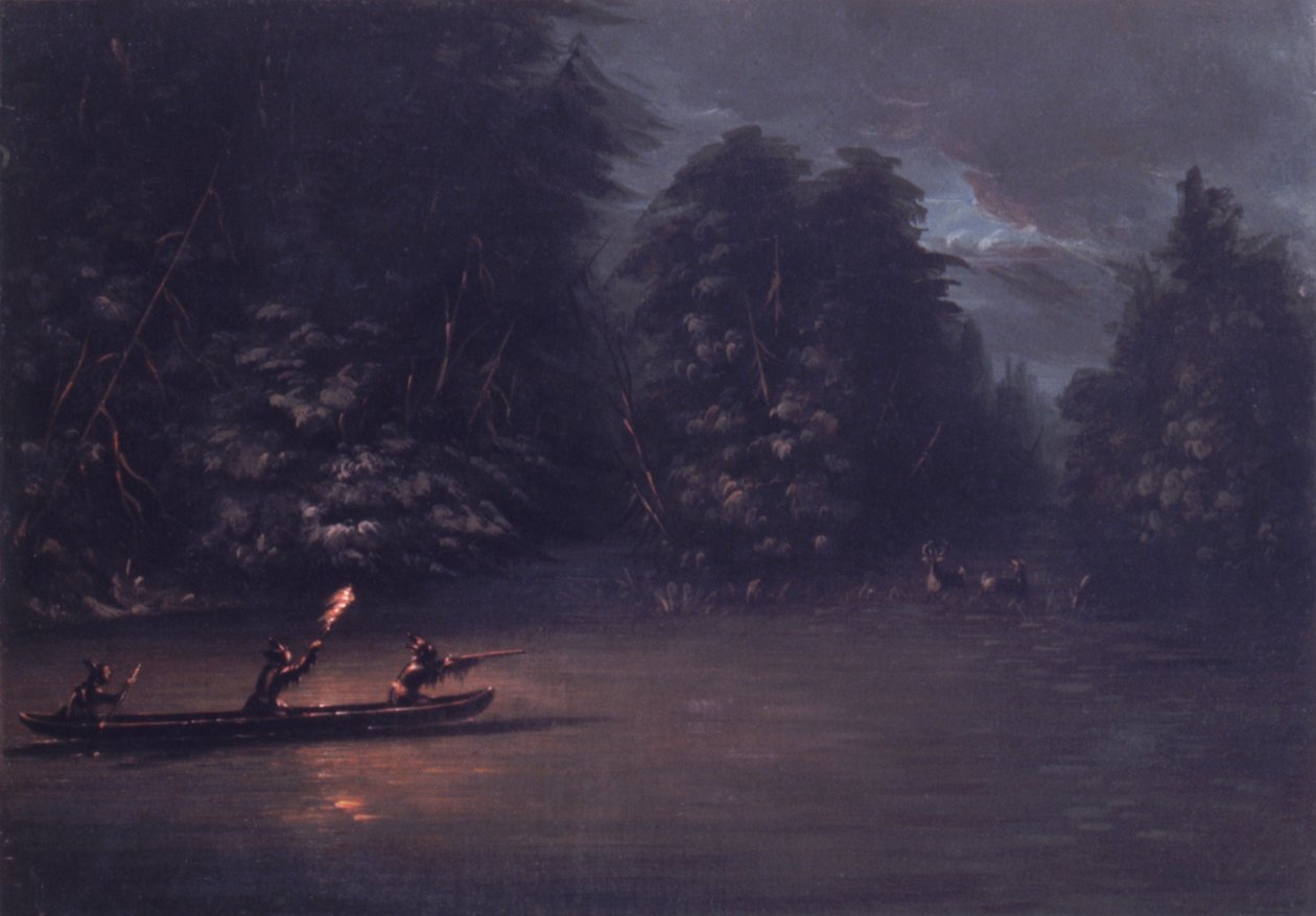 Polowanie na jelenie przy świetle pochodni w kajakach z kory drzewnej autorstwa George Catlin
