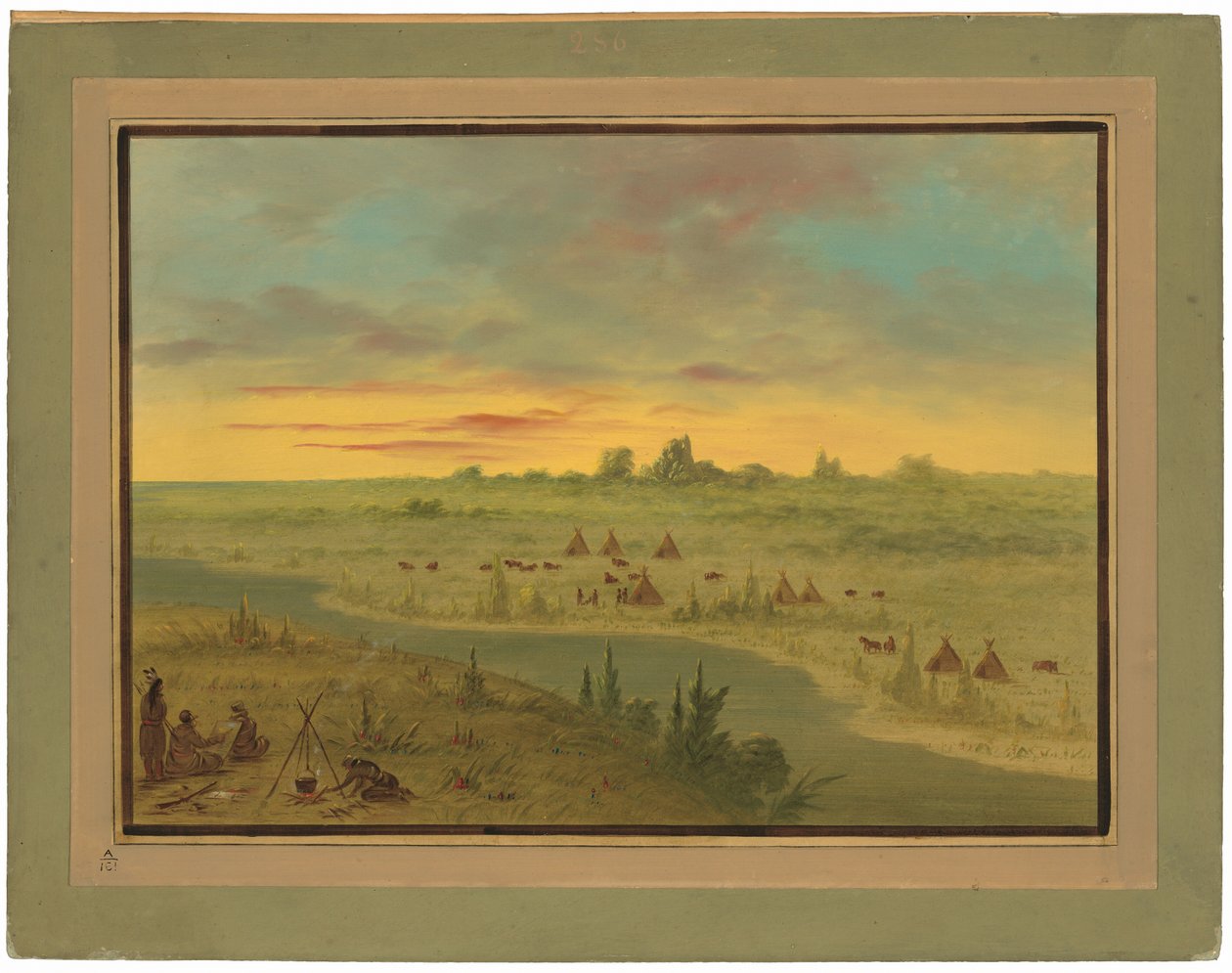 Obozowisko Indian Pawnee o zachodzie słońca autorstwa George Catlin