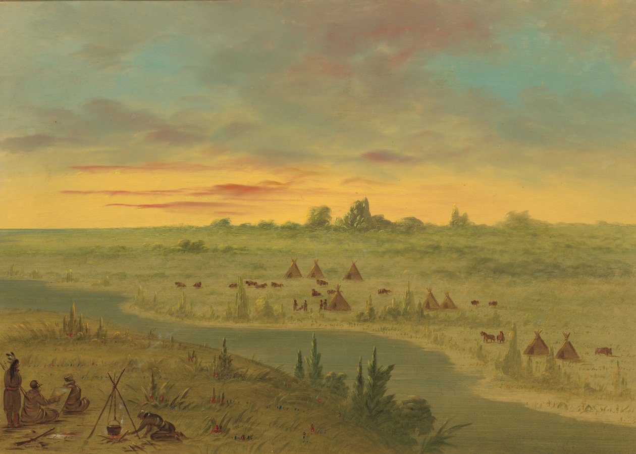 Obozowisko Indian Pawnee o zachodzie słońca, 18611869. autorstwa George Catlin