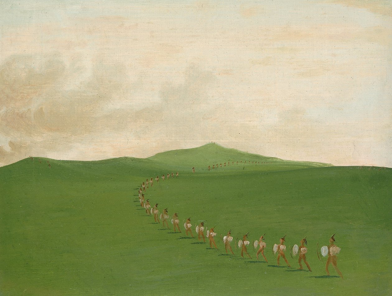 Pieszy oddział wojenny w marszu, Górne Missouri autorstwa George Catlin