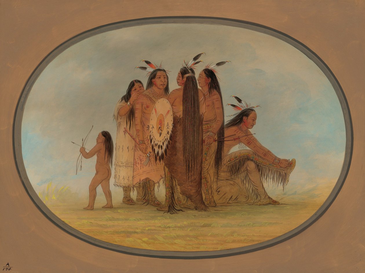 Czterech wojowników Mandan, dziewczyna i chłopiec, 18611869. autorstwa George Catlin