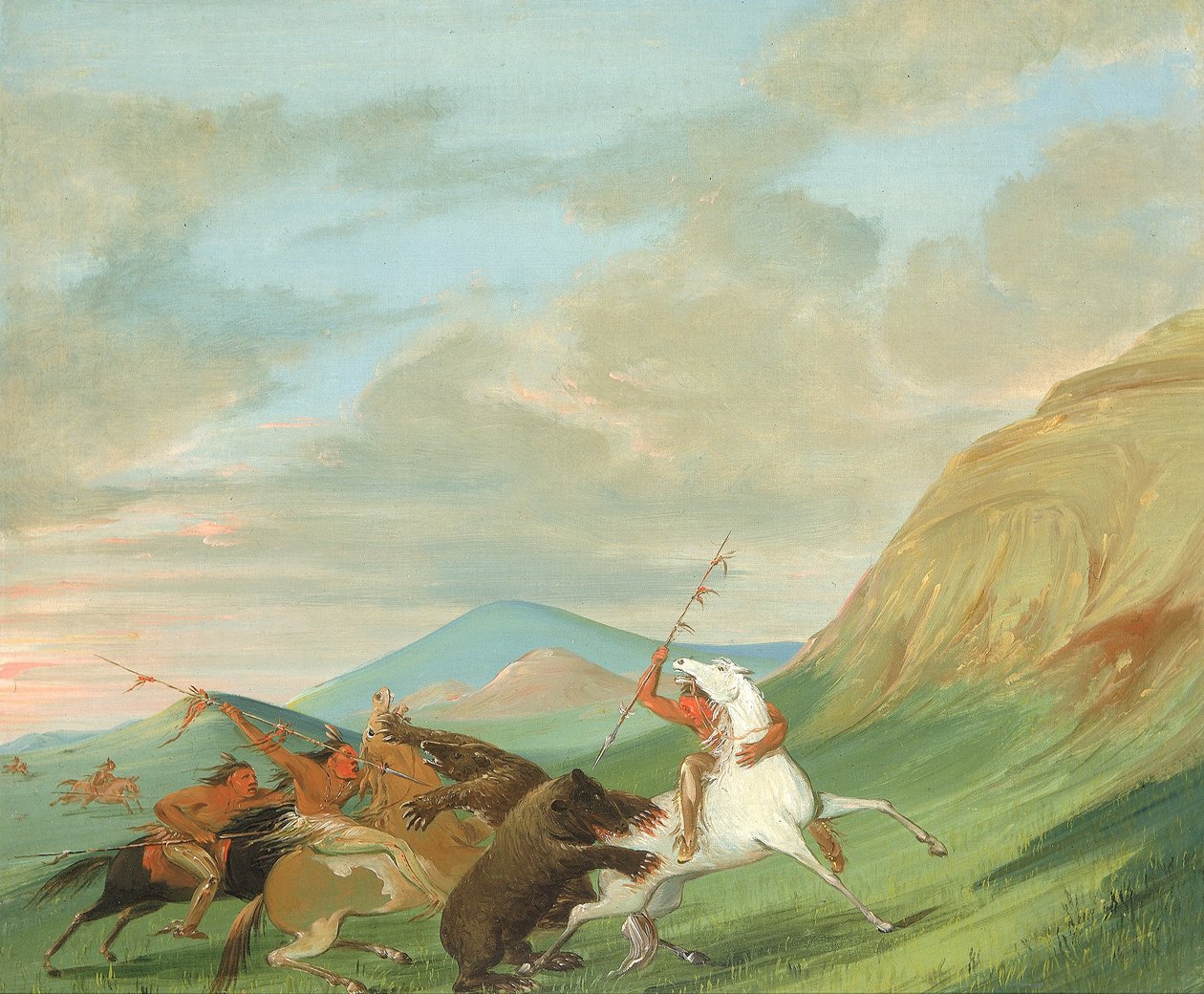 Niedźwiedzie grizzly atakujące Indian na koniach autorstwa George Catlin