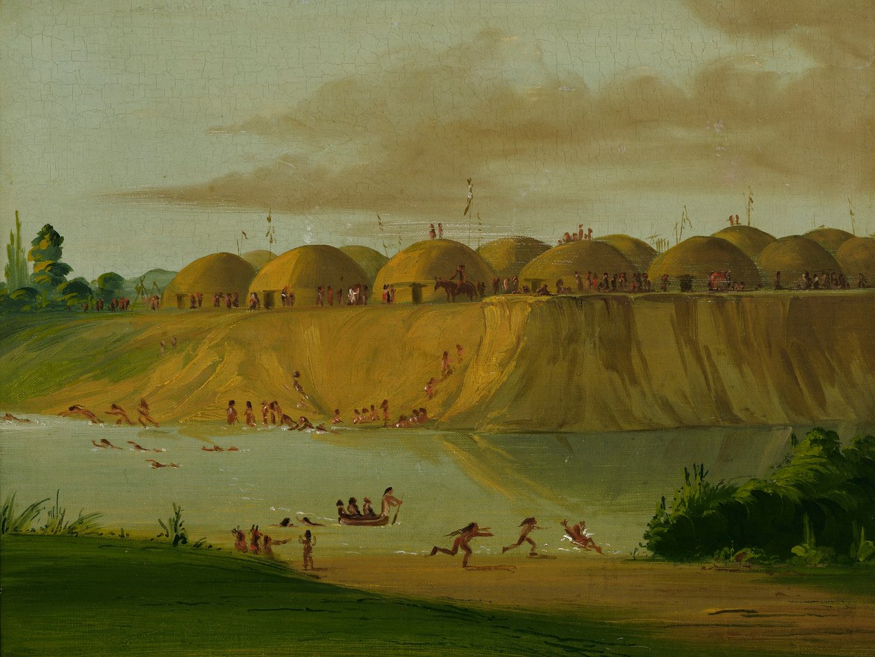 Wioska Hidatsa, pokryte ziemią loże nad rzeką Knife, 1810 mil powyżej St. Louis autorstwa George Catlin