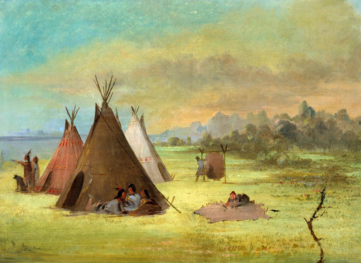 Obozowisko Indian, Komancze (lub Kiowa) ubierający skóry, rzeka Red River autorstwa George Catlin