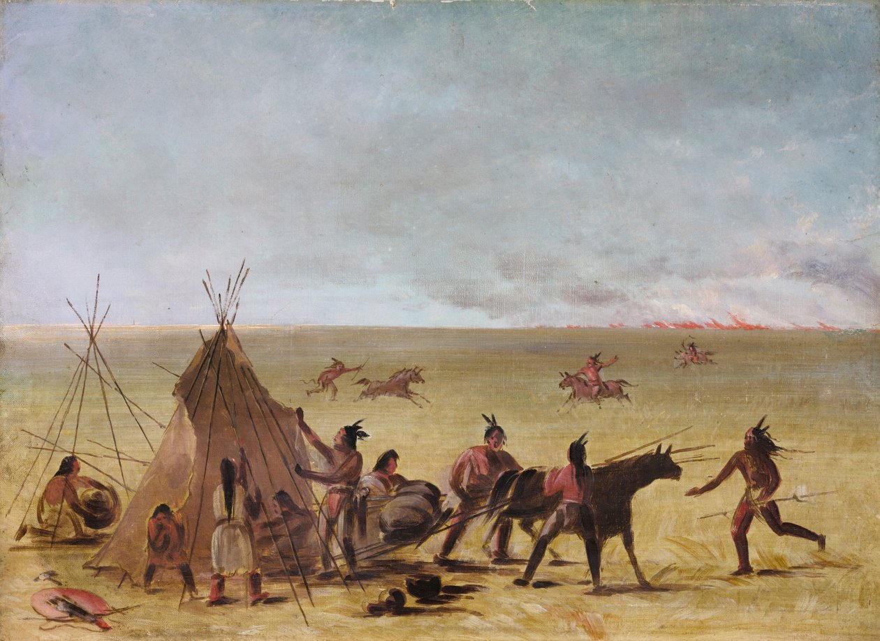 Indyjska rodzina zaniepokojona zbliżającym się pożarem prerii, 1846-1848. autorstwa George Catlin