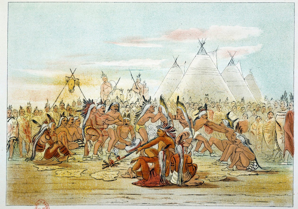 Indianie Ameryki: plemię Assiniboin przypominające taniec na rurze Siuksów. Ilustracja George