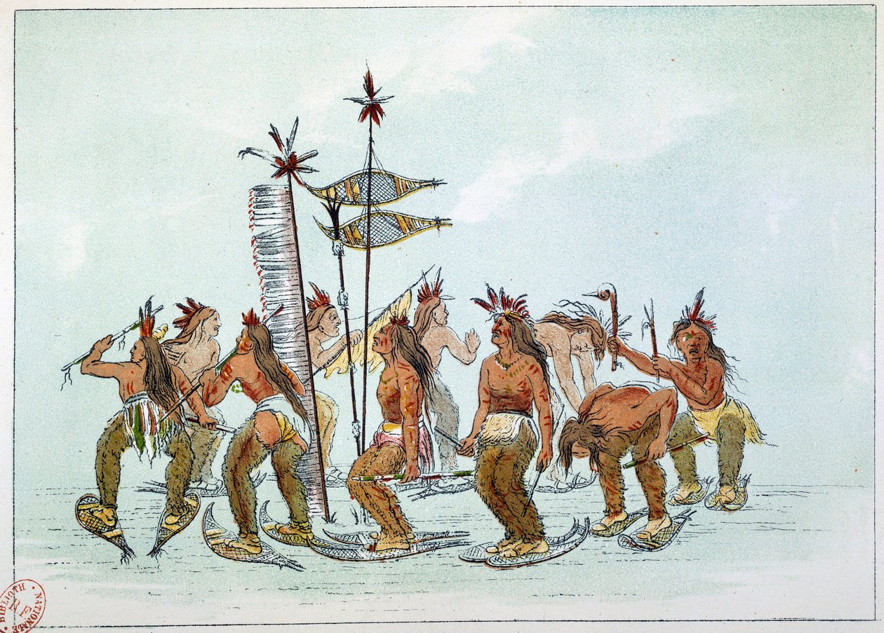 Indianie Ameryki: Taniec butów śnieżnych w plemieniu Chippeway. Ilustracja George