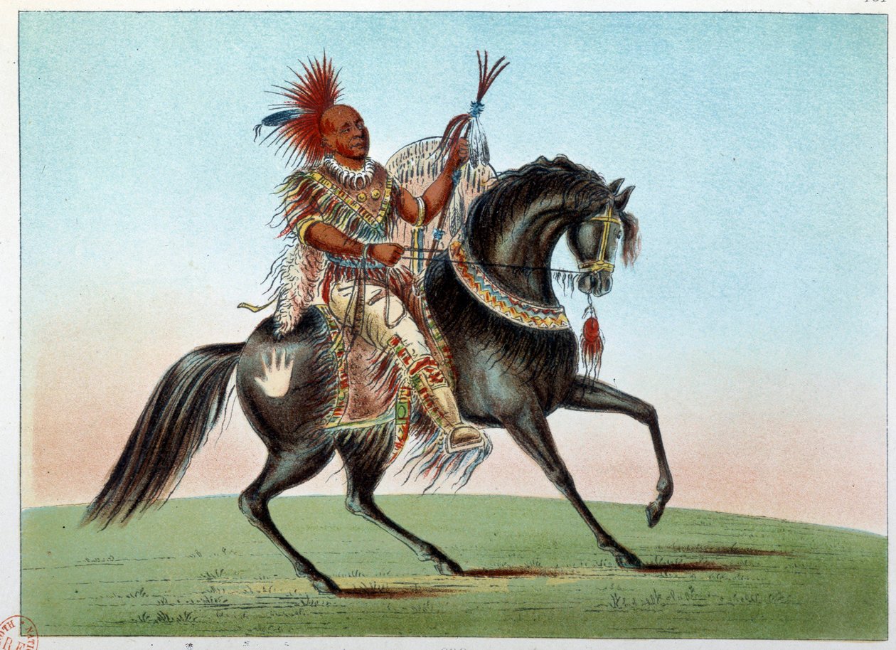 Indianie Ameryki: Portret konny wodza indiańskiego plemienia Saksonii i lisów. Ilustracja George