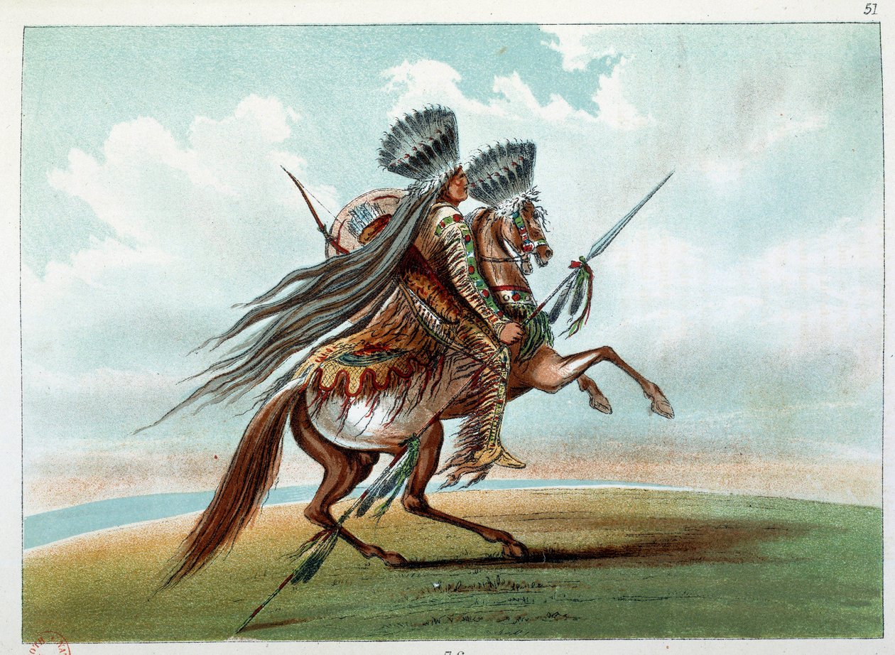 Indianie Ameryki: Indian Miniatury polujące na dzikie konie u podnóża Gór Skalistych. Ilustracja George