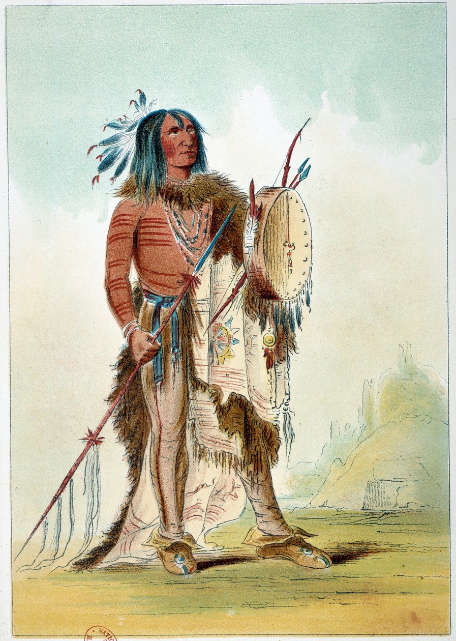 Indianie Ameryki: Portret wodza Indian, który został lekarzem, trzyma tam tam (tam-tam), w którym znajdują się lekarstwa. Ilustracja George