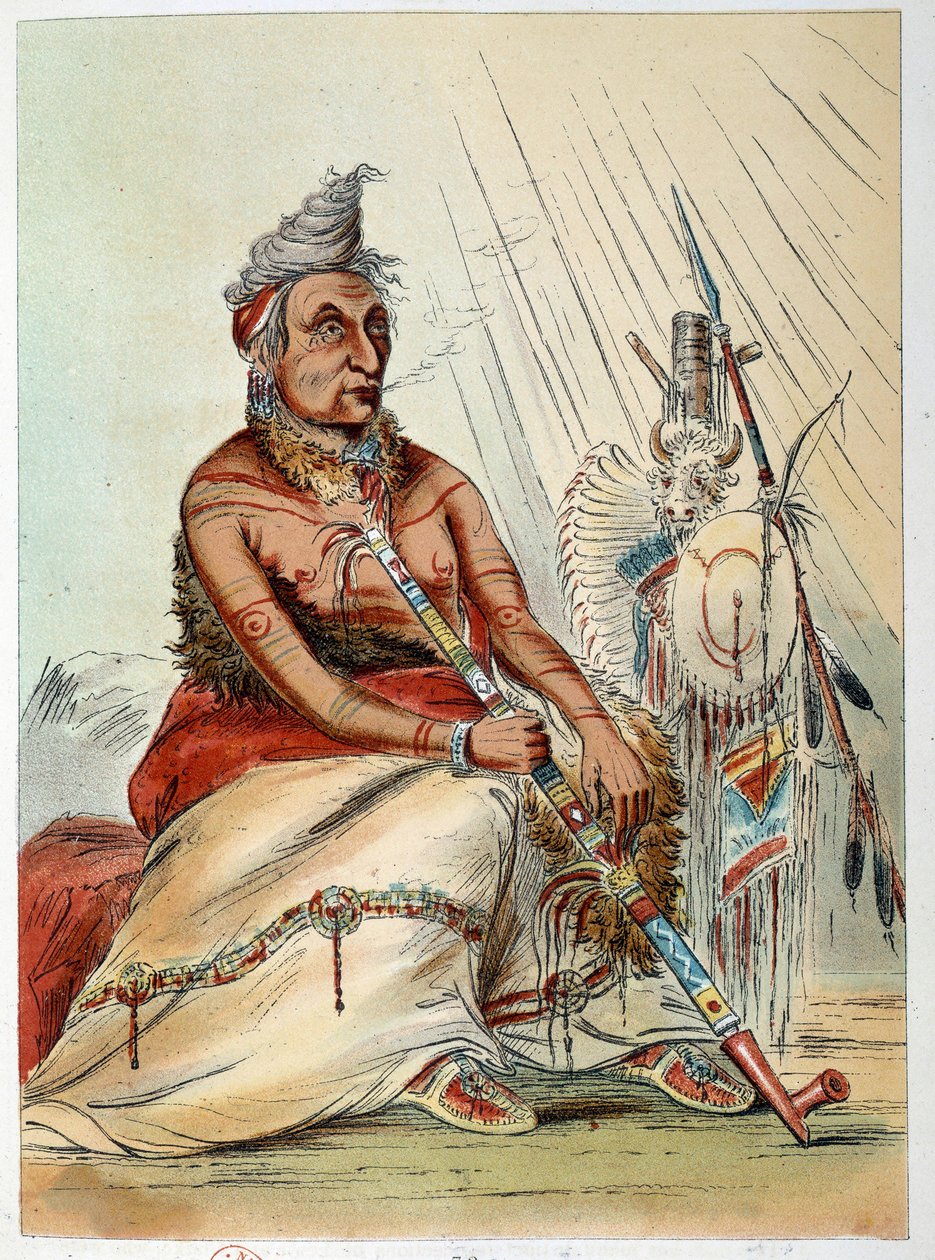 Indianie Ameryki: Portret starego indyjskiego kucharza palącego fajkę o nazwie The Black Mokasyna. Ilustracja George