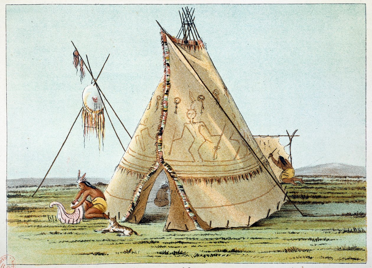 Indianie Ameryki: Tipi z plemienia Wron zwieńczone pikowaniem porcuepics. Ilustracja George