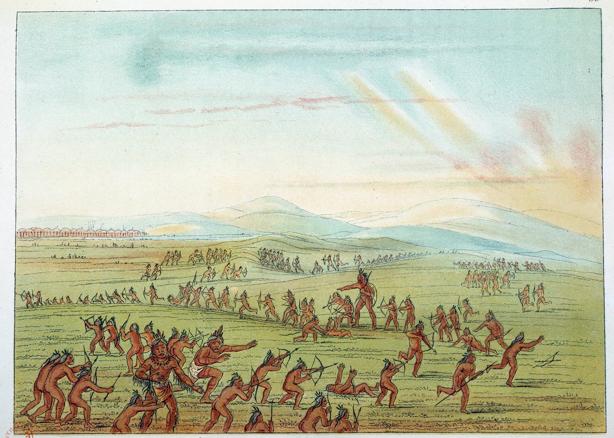 Indianie Ameryki: nauczanie polowania dla dzieci Mandan w wieku od 7 do 15 lat. Ilustracja George