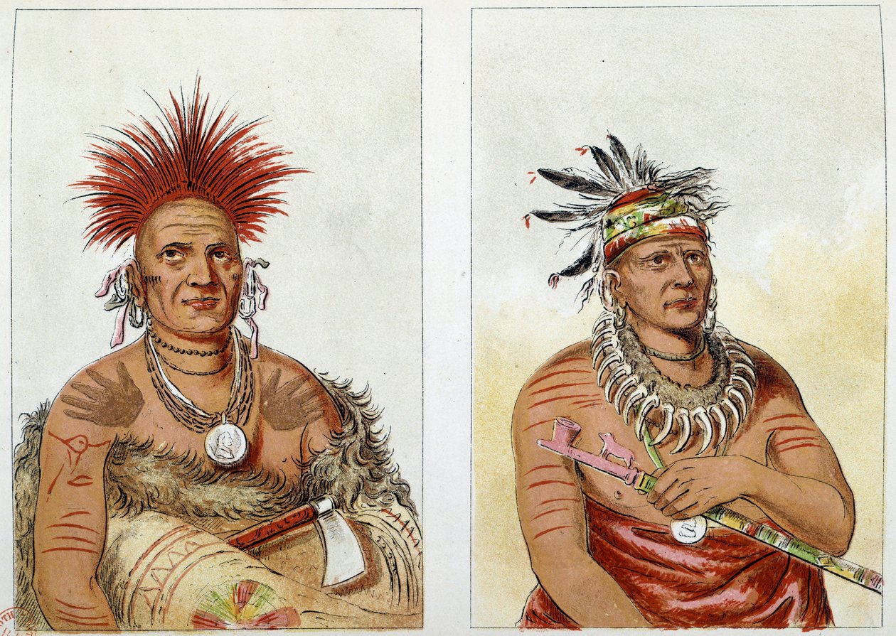 Indianie Ameryki: wodz plemienia Wielkich Pawnees (lub Paneassa, Pari, Pariki) (nr 138) drugi wódz plus wiek (nr 139) - Drugi ma naszyjnik z pazurów niedźwiedzia - Ilustracja autorstwa George