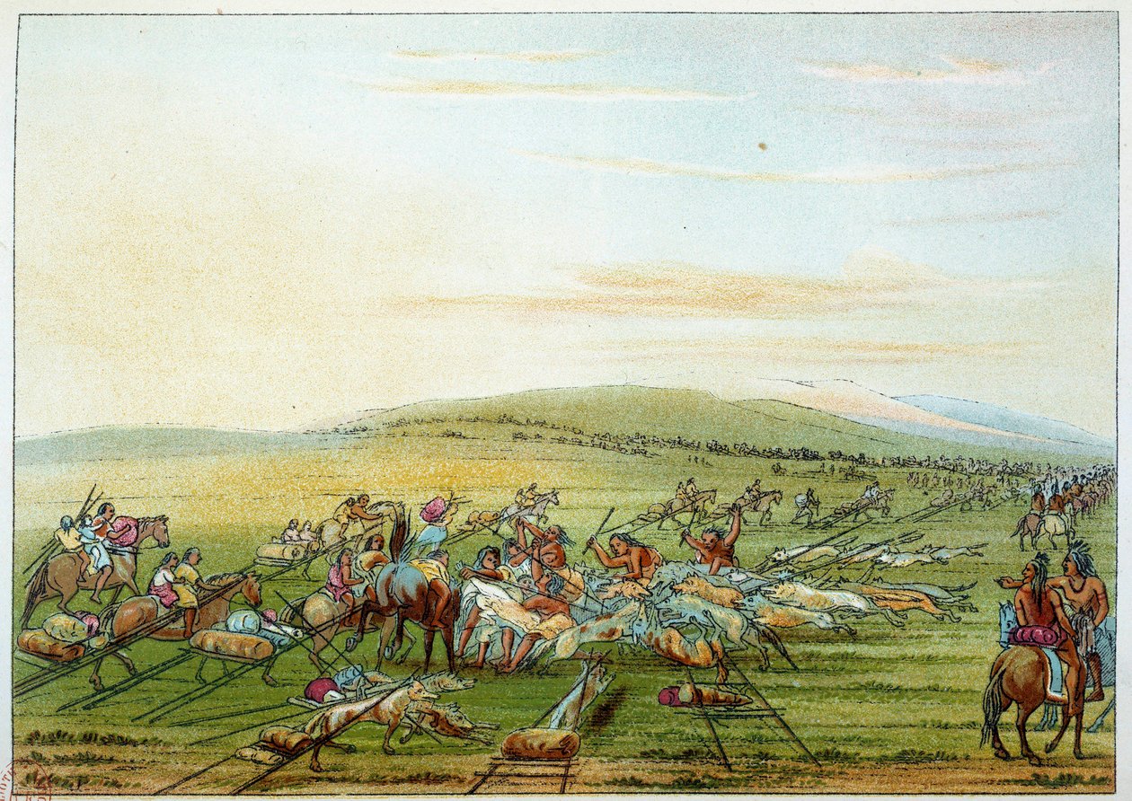 Indianie Ameryki: plemię Indian z końmi i psami. Ilustracja George