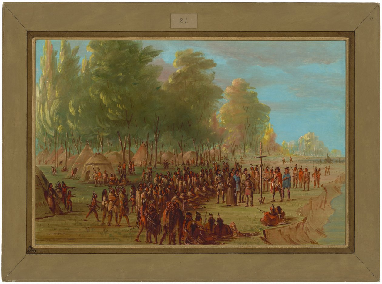 La Salle wznoszący krzyż i obejmujący ziemię w posiadanie. 25 marca 1682 autorstwa George Catlin