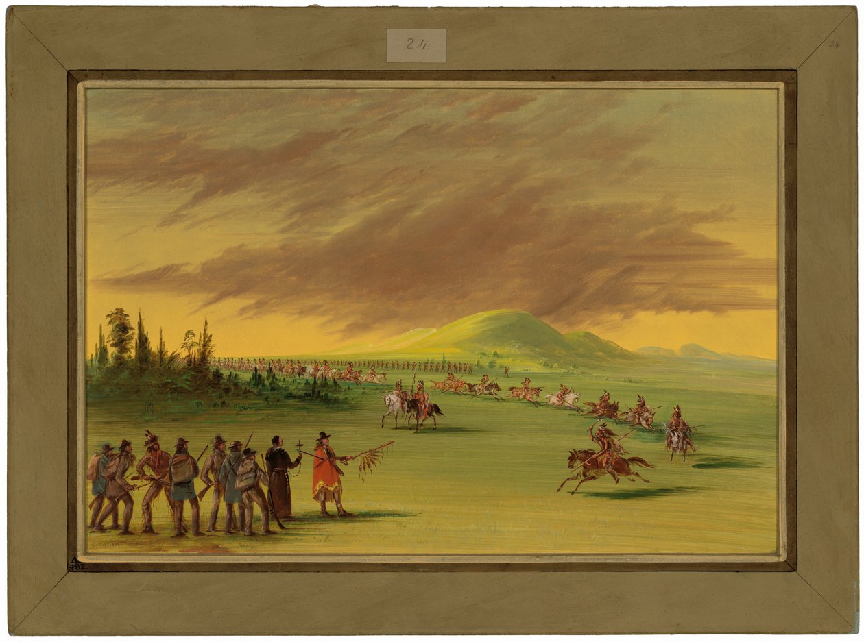 La Salle spotyka wojnę Indian Cenis na prerii w Teksasie. 25 kwietnia 1686 r autorstwa George Catlin