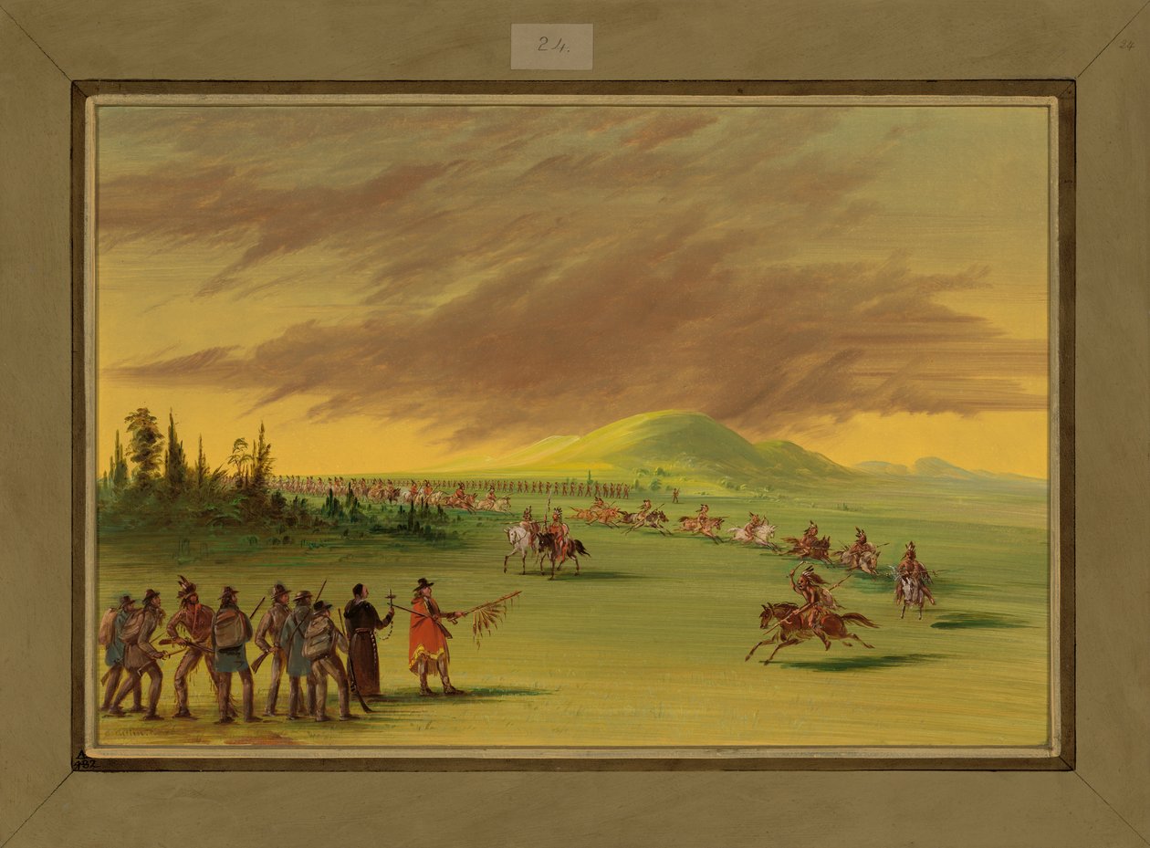 La Salle spotyka grupę wojenną Indian Cenis na prerii teksańskiej, 25 kwietnia 1686, 1847-48 autorstwa George Catlin