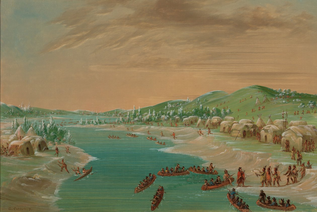 La Salle i impreza przybywają do wioski Illinois. 1 stycznia 1680, 18471848. autorstwa George Catlin