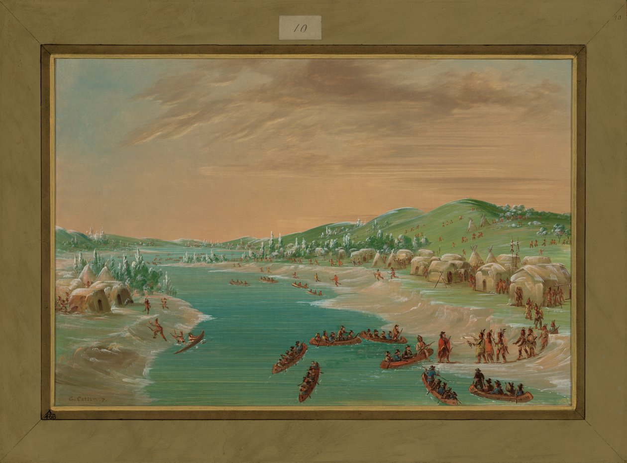 La Salle i impreza przybywają do wioski Illinois, 1 stycznia 1680, 1847-48 autorstwa George Catlin