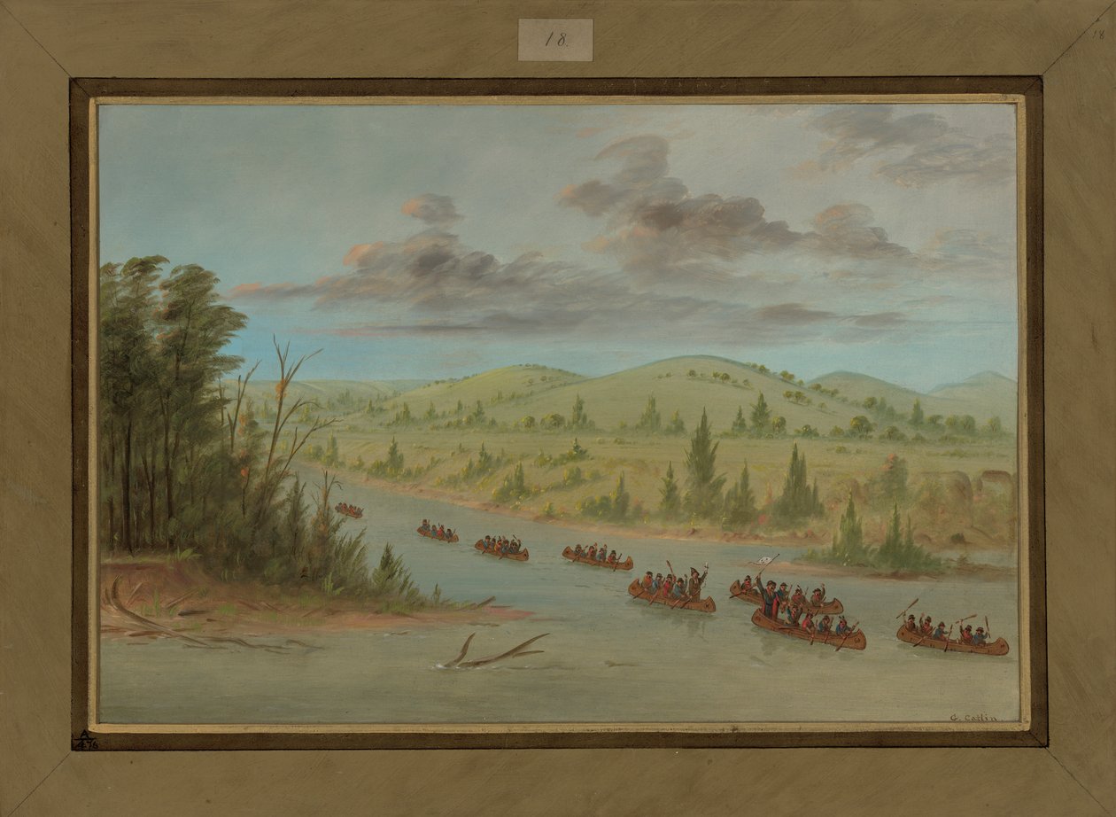 Impreza La Salle wkraczająca do Missisipi w kajakach, 6 lutego 1682, 1847-48 autorstwa George Catlin