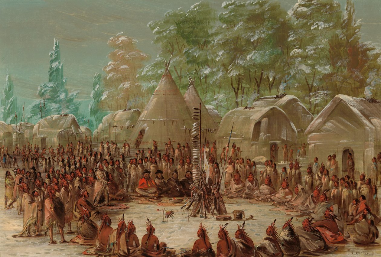 Impreza La Salle świętowana w wiosce Illinois. 2 stycznia 1680, 18471848. autorstwa George Catlin
