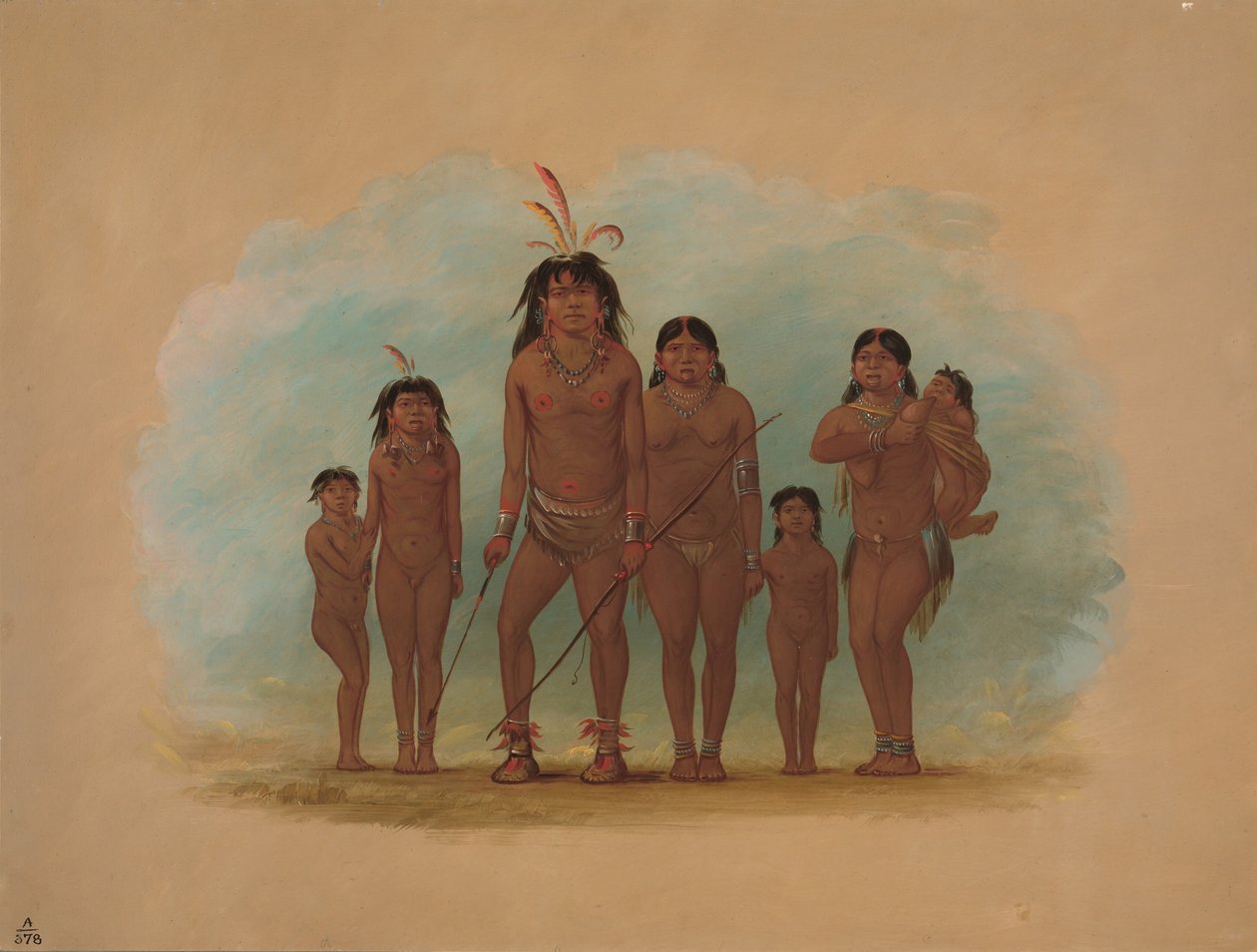 Wódz Lengua, jego dwie żony i czworo dzieci, 18541869. autorstwa George Catlin
