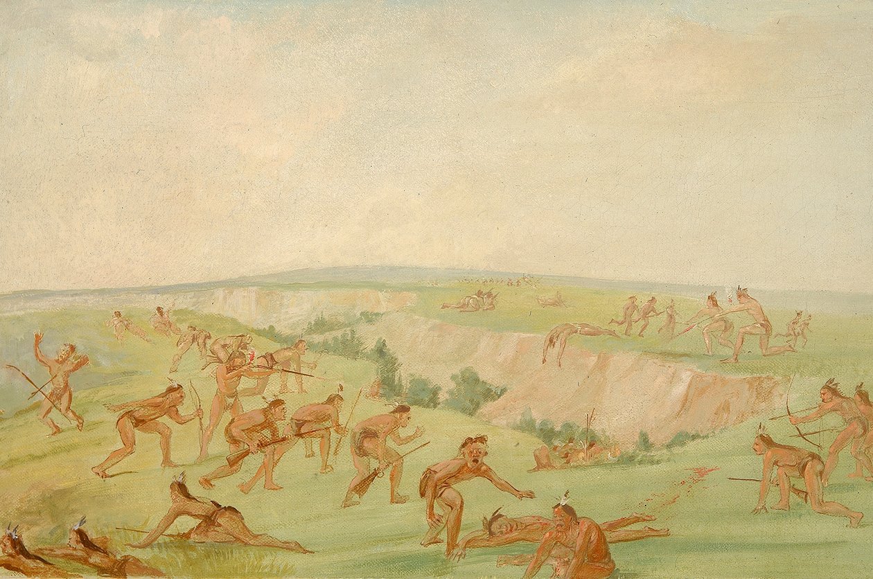 Mandan atakujący grupę Arikara autorstwa George Catlin