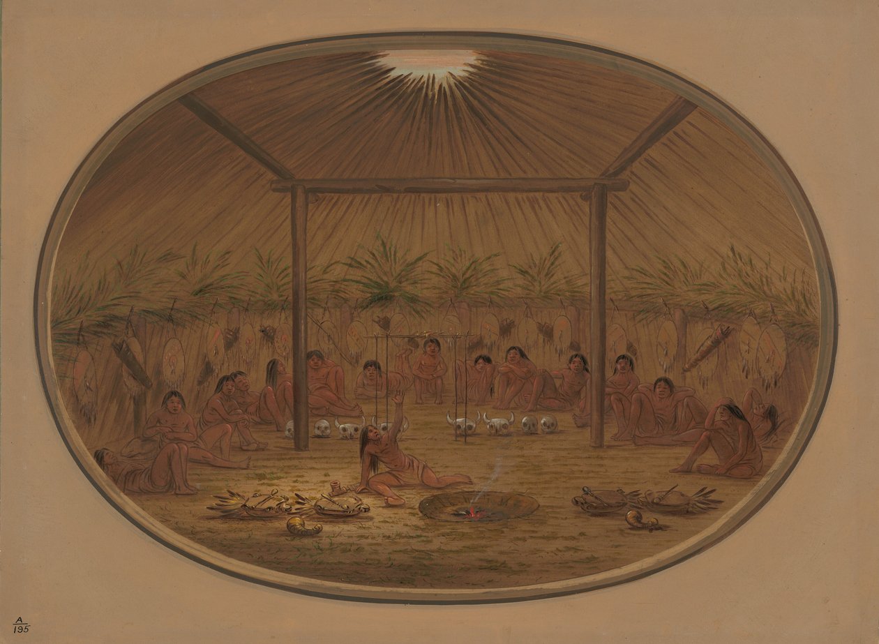 Ceremonia Mandana - Woda tonie, 18611869. autorstwa George Catlin